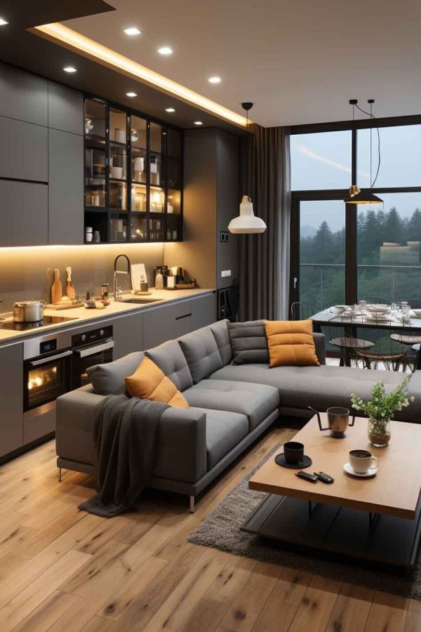 small modern living room and kitchen combination, grey, beige, black --ar 3:4 --stylize 1000 --v 5.2 Job ID: e4f512ac-07f7-4826-bb76-523fcd851e01